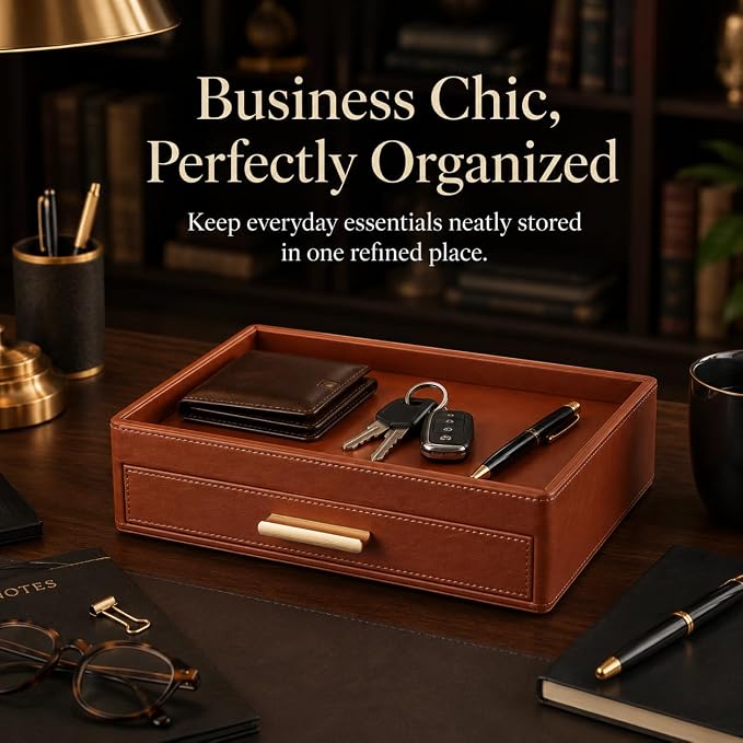 GORESE Leather Valet Tray with Drawer for Men, Nightstand Organizer, Brown | Vegan Leather, EDC Desk Organizer Tray for Jewelry Cologne Watch Wallet Key, Catchall Tray for Dresser Entryway Table Bedside