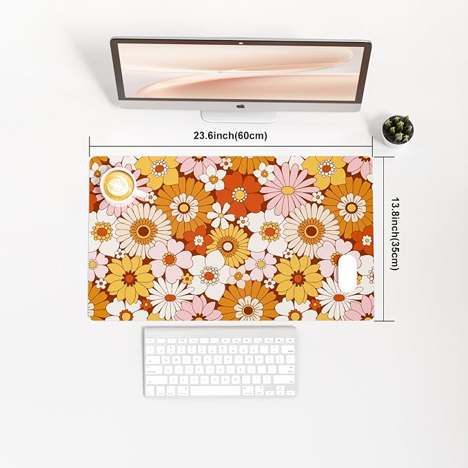 Colorful Star Large Mouse Pad, PU Leather Waterproof Desk Mat, Computer Gaming Mouse Pad, XXL Full Desk Mousepad Non Slip Desk Pad for School Office Home 23.6" x 13.8" - Retro Flowers