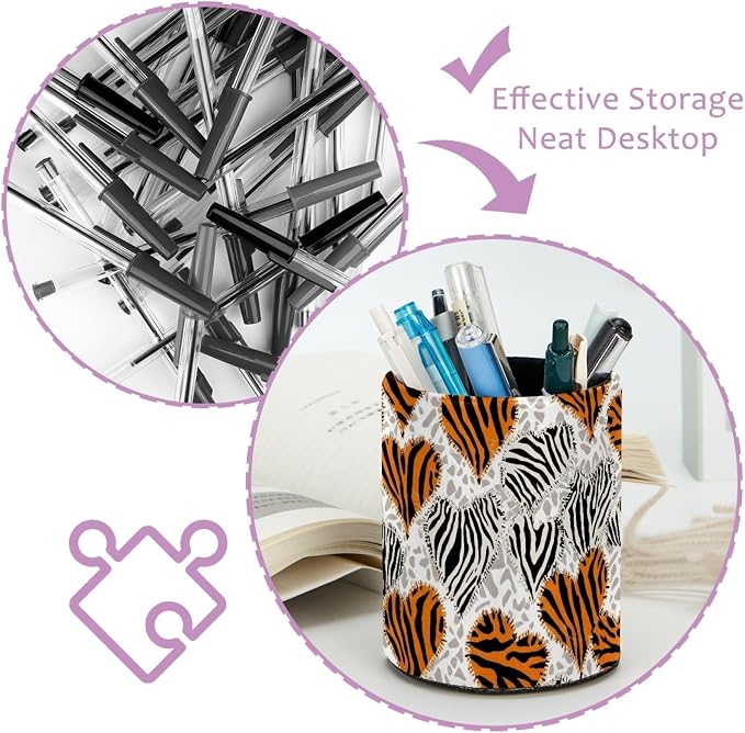 Leather Pen Holder for Desk, Tiger Zebra Print Pencil Cup Pen Organizer Makeup Brush Holder for Office Home Kids Countertop Desk Accessory Storage