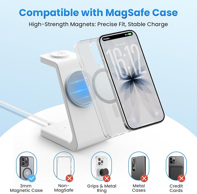Magnetic Wireless Charging Station for iPhone: 3 in 1 15W Fast Charging for iPhone 17-12, Apple Watch & AirPods, N52 Magnets & 30W Adapter Included (Office/Bedside/Desk)