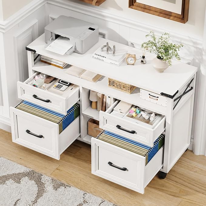 Halitaa Farmhouse Filing Cabinet with Adjustable Shelf & Wheels, White | Lateral File Cabinets, Office Storage Cabinet with 4 Drawers, Open Storage Space, for Hanging Files A4/Letter for Home Office