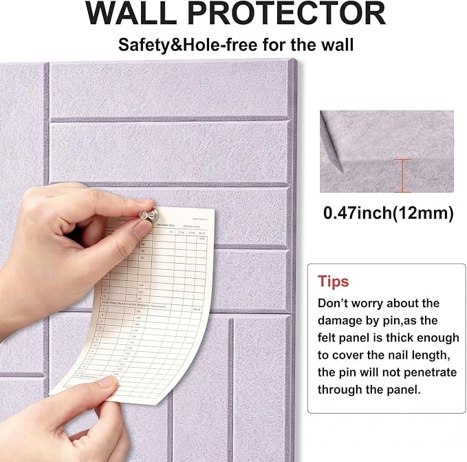 0.47" Thick Felt Wall Tiles 48"x36" Cork Board Alternative 12 Pack 11.81"x11.81"Felt Bulletin Board Pin Board with Removable Adhesive tape&60 Pushpins for Home Office School(Bold-light purple)
