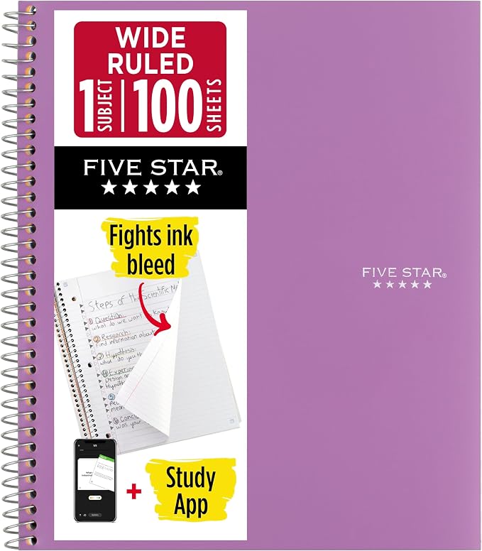 Five Star Spiral Notebook + Study App, 1 Subject, Wide Ruled Paper, 8" x 10-1/2", 100 Sheets, Fights Ink Bleed, Water Resistant Cover, Amethyst Purple (72351)