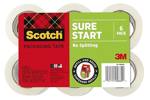 Scotch Sure Start Packing Tape 6-Pack, 1.88″ x 25 yd Rolls – Quiet Easy Unwind, Strong Seal for Shipping & Moving Boxes, No Splitting or Tearing, Clear Adhesive Tape Refill for Packing/Mailing
