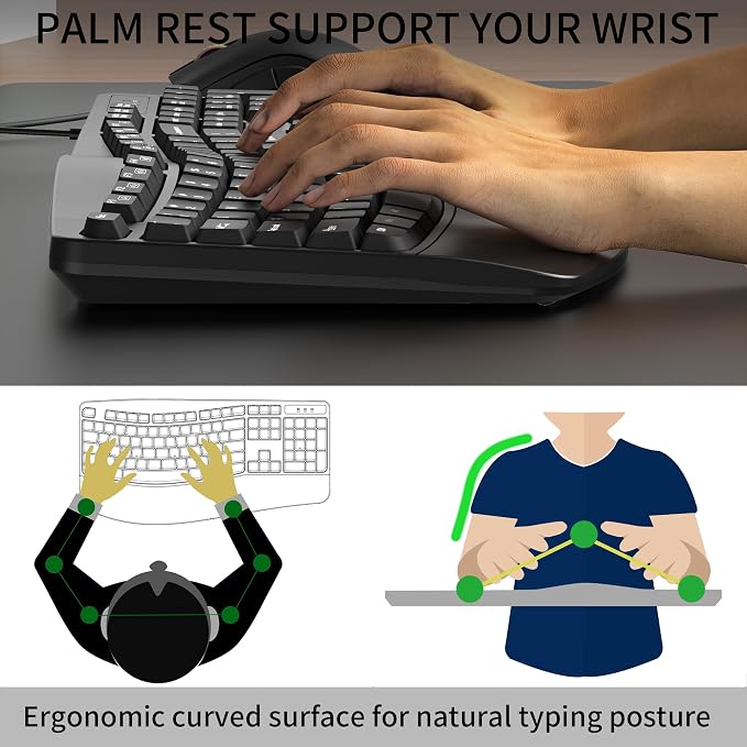 RECCAZR Ergonomic Keyboard, Wired Computer USB Keyboard with Wrist Rest | Spill-Resistant, Wave Keys for Natural Typing, Compatible with Windows/PC/Laptop(Black)