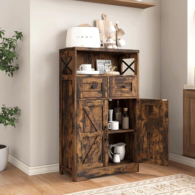 Farmhouse Storage Cabinet with Drawers, Small Kitchen Pantry Cabinet, Brown | Accent Coffee Bar Cabinet Cupboard, 2 Drawers, 2 Barn Doors & Adjustable Shelves, for Kitchen/Entryway/Living Room/Bathroom