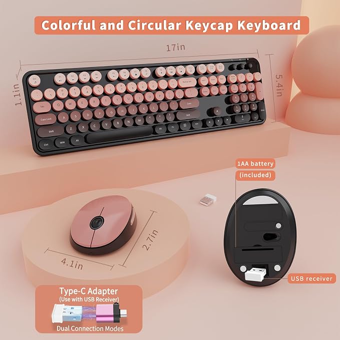 SkyGive Wireless Keyboard and Mouse Combo, Ergonomic Full Size Typewriter Retro Round Keycaps Keyboard, Compatible with Windows, PC, Perfer for Home and Office Keyboards (Aurora Red)