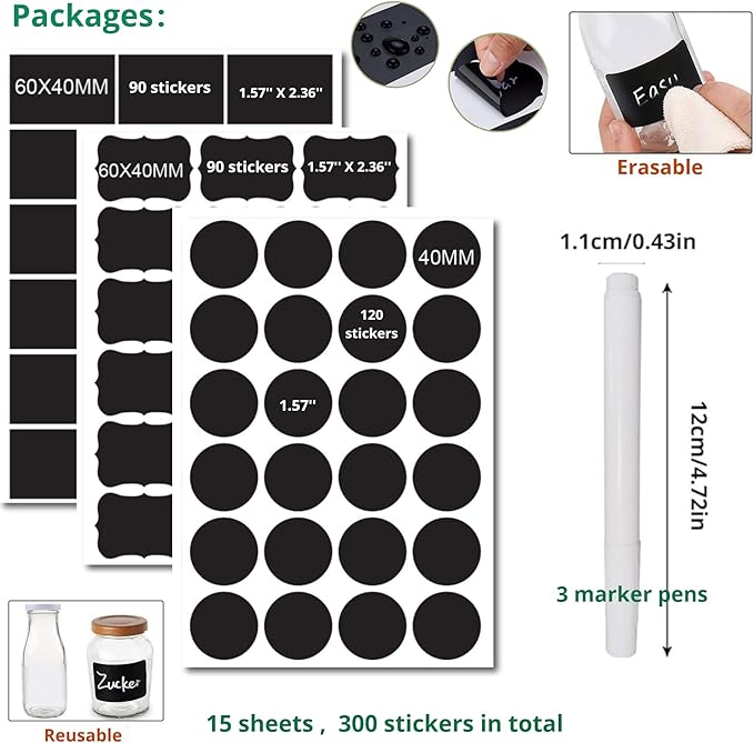 Chalkboard Label 300 Pcs Waterproof Reusable Labels for Food Containers Chalk Sticker Labels with 3 Liquid Chalk Markers for Mason Jars, Parties Decoration, Craft Rooms, Storage, Home, Kitchen