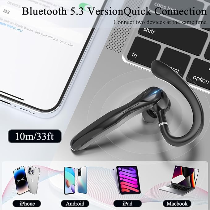 Bluetooth Headset, Wireless Bluetooth Earpiece with 400mAh Charging Case 50 Hours Talking Time Built-in Microphone for iOS Android Cell Phone, V5.3 Hand-Free Headphones for Trucker, Office