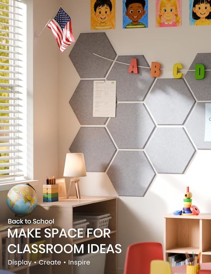 Fluxynara 8-Pack Hexagon Felt Bulletin Board Tiles, Soft Gray-1 | Cork Board Alternative with 50 Adhesive Tabs for Notes, Photos and Reminders in Home Offices, Dorm and Classrooms