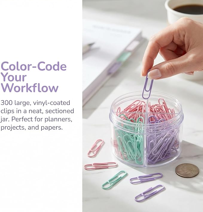 Pastel Jumbo Paper Clips, 2 Inch (50 mm) | 300pcs, Soft Color Clips, For Paperwork, Home, School and Office Use