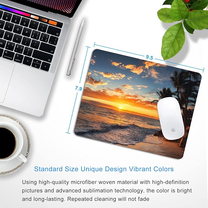 Sunset Beach Mouse pad 9.5"x7.9" Non-Slip 3mm Small Computer Pad | Personalized mousepad with tropical ocean palm landscape print. Premium smooth fabric surface, 3mm cushion & rubber base.