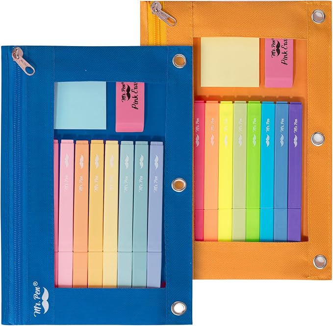 Mr. Pen- Pencil Pouch for 3 Ring Binder, 2 Pack, 10"x6.75", Smooth Zipper | Clear Window, Large Capacity Pencil Case with 3 Reinforced Grommets for School, Office, Supplies Storage