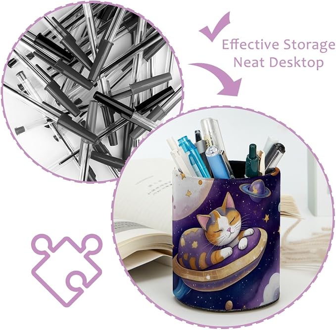 Leather Pen Holder for Desk, Planet Cat Pencil Cup Pen Organizer Makeup Brush Holder for Office Home Kids Countertop Desk Accessory Storage