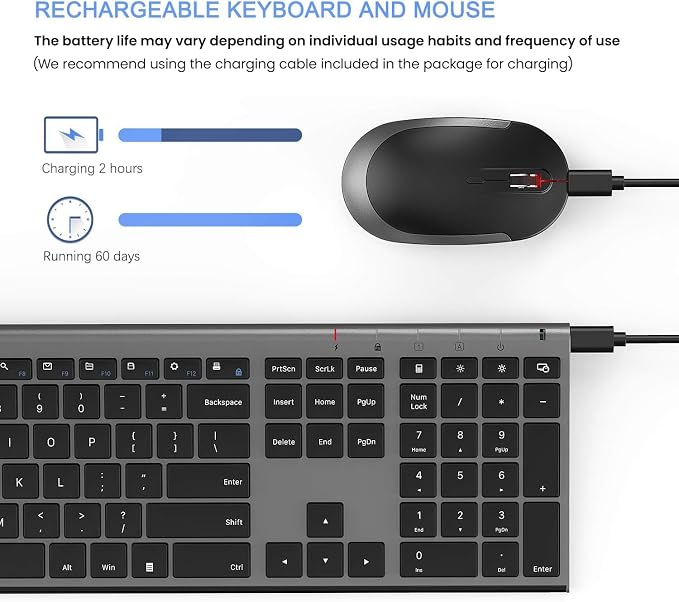Vssoplor Wireless Keyboard and Mouse, Rechargeable Ultra Slim, Dark Gray | Quiet Full-Size Keyboard and Mouse Combo Set, for Laptop, PC, Notebook, Desktop, 2.4GHz Stable Connection, for Office/Home