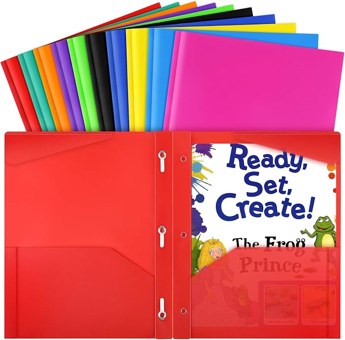 Feosky Plastic Folders, 2 Pockets 3 Metal Prongs, Letter Size,12Pack(Black) | Suitable for organizing school assignments, office documents, and family files. Multiple colors for easy classification