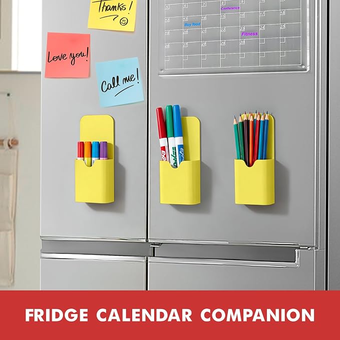BEYGORM Magnetic Pen Holder for Refrigerator, Pencil Cup Organizer (Yellow) | Upgraded 1.5mm thick magnetic backing for whiteboards, lockers & fridge; 4 Pcs dry erase marker holder for classroom & office