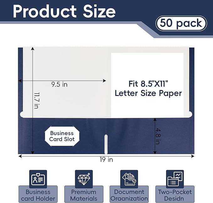 50 Packs Navy Blue Two Pocket Folders,File Folder Letter Size,8.5x11Inches File Folders for Office,School and Home,Organizer File Folder