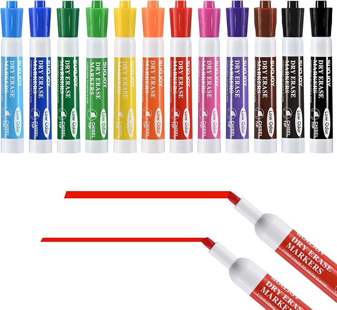 SUQJOY Dry Erase Markers, Chisel Tip Whiteboard Markers, Low Odor Thick Dry Marker, 12 Pack 12 Assorted Color Markers for Classroom, Office & Home Use