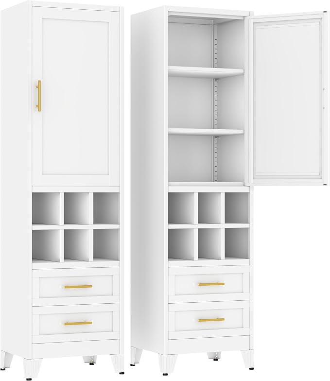Metal Tall Narrow Storage Cabinet, Freestanding Floor Cabinet with Drawers and Adjustable Shelves, Pantry Storage Cabinets for Bathroom, Living Room, Entryway and Kitchen,White