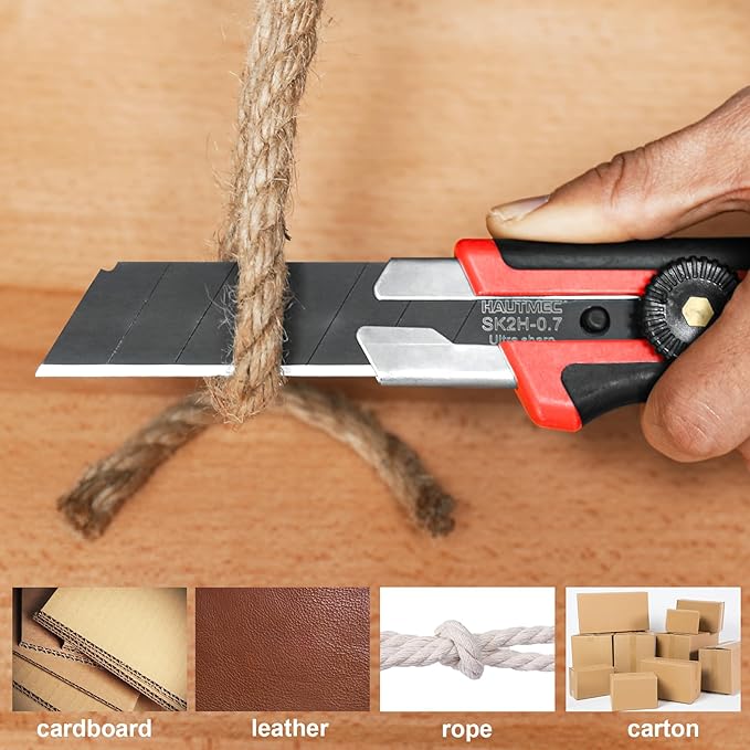 HAUTMEC 25mm Extra Heavy-Duty Utility Knife with 10pcs Blade set, Multi-Purpose Snap-off Box Cutter, Ratchet-lock Mechanism, Reinforced Fiberglass Handle HT0251-KN