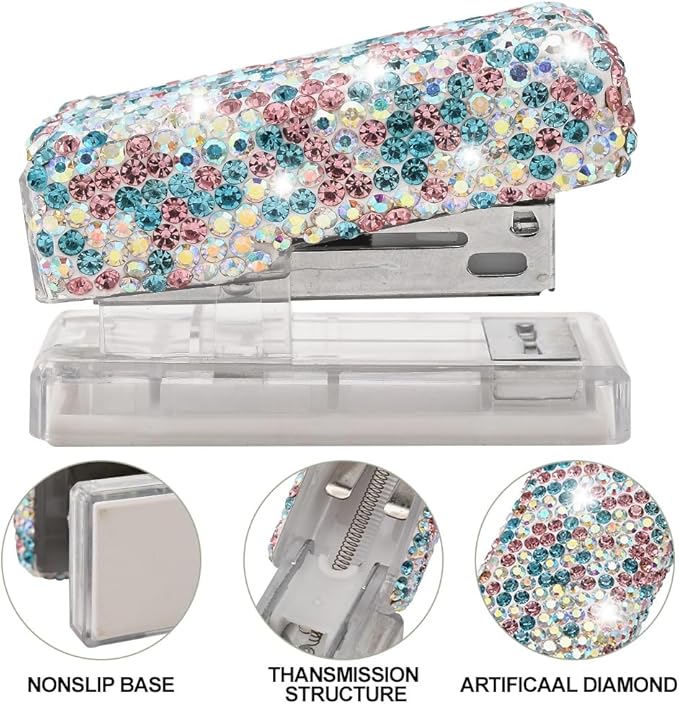 Bling Rhinestone Stapler, Sparkly Diamond Staplers, Cute Desk Stapler for Women & Girls, Bling Crystal Machine Pretty Office Stationery Kit (Blue with AB Color Plated, Small)