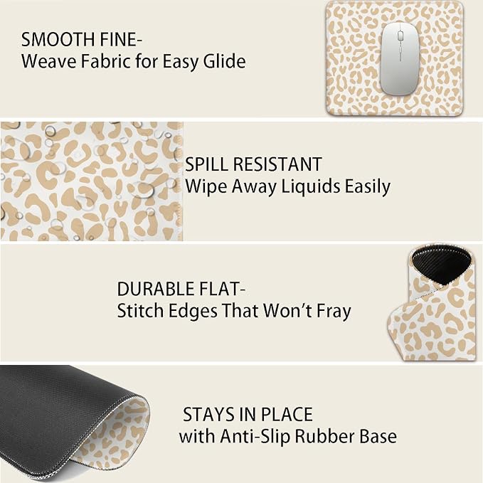 Mouse Pad for Desk with Stitched Edge, Premium Cute Washable Mouse Pads. Computer Mousepad with Non-Slip Rubber Base, Mousepads for Laptop, 9.25x7.75x0.12 inch (Leopard Grace)