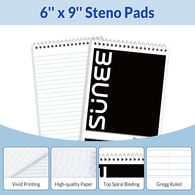 SUNEE 2 Pack Steno Pads 6x9, Gregg Rule, 60 Sheets, Spiral Notebook 6x9, White Paper, Take Notes with Top Spiral Notebook, for School, University, College, Work, Office, Black
