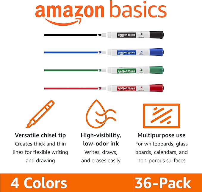 Amazon Basics Low-Odor Dry Erase Whiteboard Markers, Chisel Tip, Quick-Dry, 4 Assorted Colors, 36-Pack