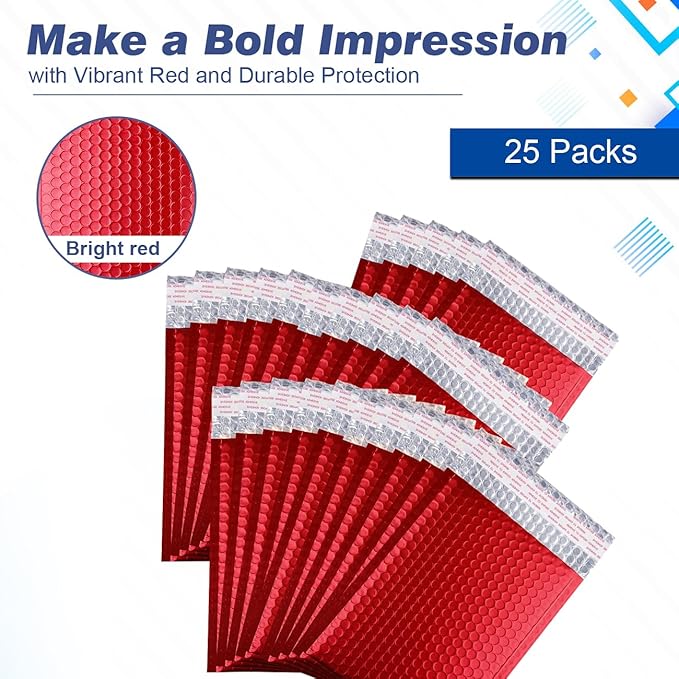 Metallic Matte Red Bubble Mailers Mailing Padded Envelopes 8.5x12 Inch- Self-seal Closure Bubble Shipping Bag 25pcs