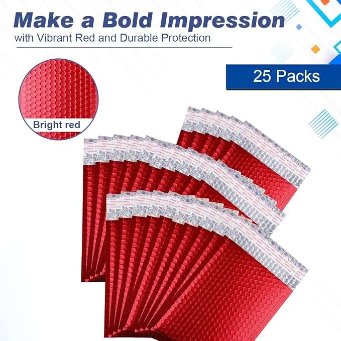 Metallic Matte Red Bubble Mailers Mailing Padded Envelopes 10.5x16 Inch- Self-seal Closure Bubble Shipping Bag 25pcs