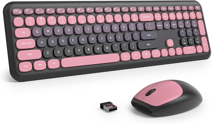 Surmen Black Pink Keyboard and Mouse Wireless Quiet, Full-Size Girly Slient Keyboard Retro Typewriter Low-Noise 2.4GHz for Computer, Desktop, Laptop (110-Heimei Pink)