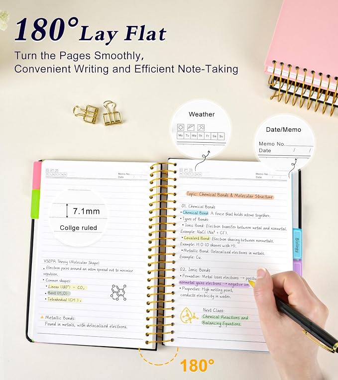5 Subject Notebook College Ruled with Removable Pocket Dividers Tabs, 240 Pages Spiral Notebook 8.5 x 11, Lined Journal Notebook for Women , Hardcover Notebooks for Work School Note taking A4 Black