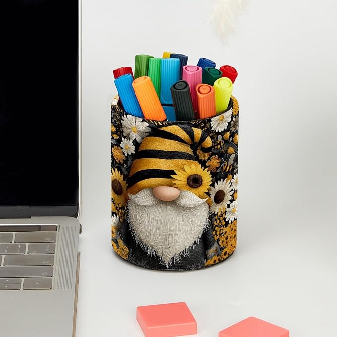 Leather Pen Holder for Desk, Gnome Sunflower Pencil Cup Pen Organizer Makeup Brush Holder for Office Home Kids Countertop Desk Accessory Storage