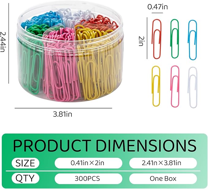 Paper Clips Colorful, 300PCS Jumbo 2 inch, Durable and Rustproof, Large Great for Office School Organizing (Multicolored, 2 inch)