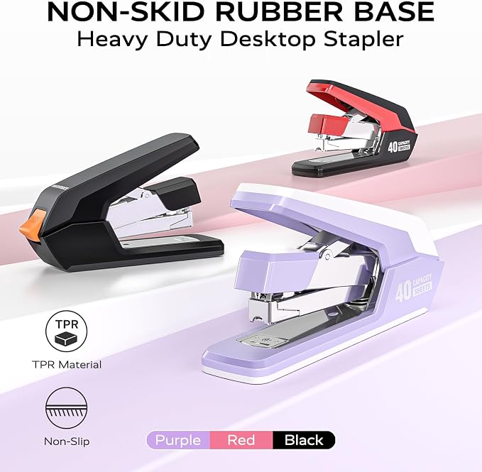 Marsrock Heavy Duty Stapler for Desk with 40-50 Sheet, 2000 Staples, Red | Teacher Stapler, Office & Classroom Stapler, 1-Touch Stapling, Easy-to-Load with Magnetic Staple Remover