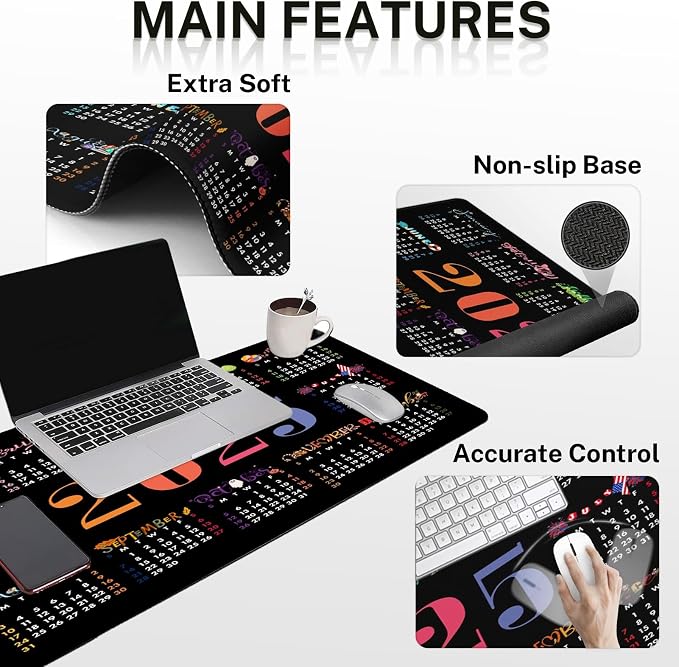 Arttown Keyboard Mouse Pad Set, 4 in 1 Desk Mat Set Calendar 2025 | Black Month Day Large Mousepad+Keyboard Wrist Rest+Mouse Wrist Rest+Coaster Ergonomic Design for Home Office Computer