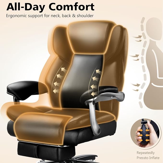 500lbs Reclining Big and Tall Office Chair for Heavy People with Foot Rest | Heavy Duty Executive Desk Chair,High Back Computer Chair,Adjustable Lumbar Support,Pocket Spring Cushion