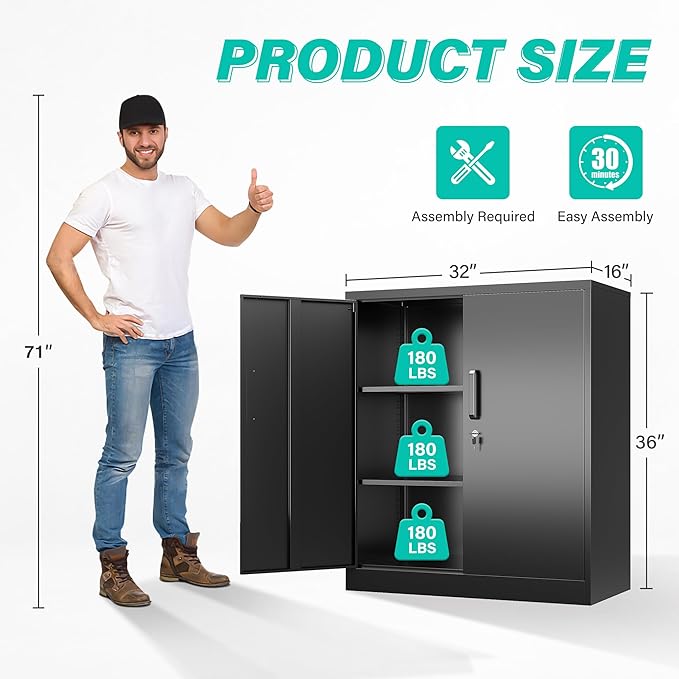 36 inch Metal Storage Cabinet with Doors and Shelves,Small Garage Storage Cabinet with Lock,Black Metal Cabinets with Locking Doors for Home,Office,Short Garage Cabinets