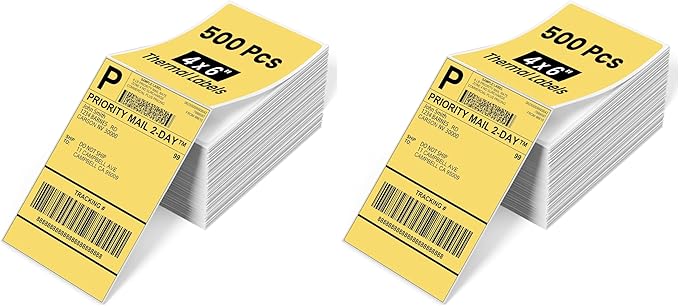Phomemo 4x6 Thermal Label Printer Paper - 500 PCS Yellow 4"x6" Fan-Fold Shipping Supplies Labels - Water/Oilproof Label Stickers - Permanent Adhesive Thermal 4x6 Labels for Small Business (Pack of 2)