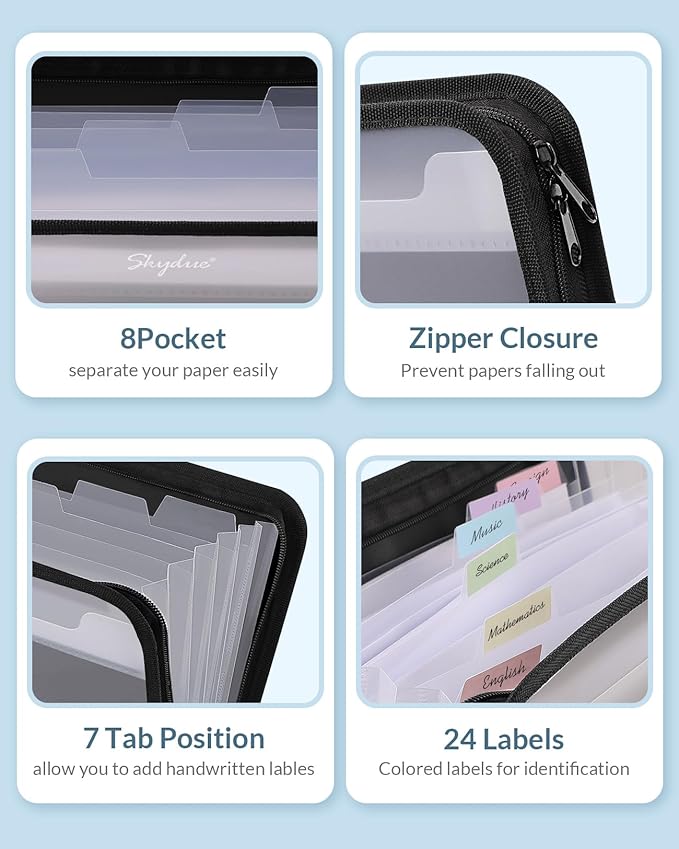 SKYDUE Accordion File Organizer, 7 Pocket Expanding File Folder with Front Pocket, Letter Size, Important Document Organizer with Double Zipper, School Office Supplies (Black, 1 Pack)