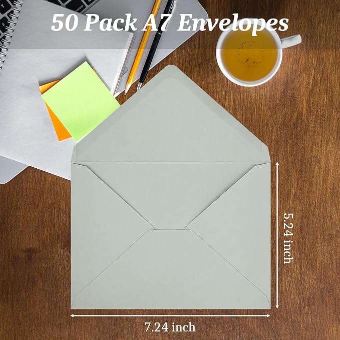 50 Pack A7 Envelopes, Gray Greeting Card Envelopes Self Seal, 5.24 x 7.24 in Envelopes for Birthday Graduation Baby Shower Wedding Invitation Cards