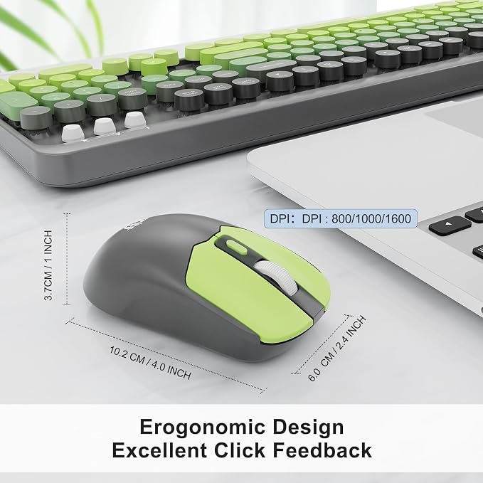 Wireless Keyboard and Mouse Combo, 104 Keys Full-Sized 2.4 GHz Round Keycap Colorful Keyboards, USB Receiver Plug and Play, for Windows, Mac, PC, Laptop, Desktop (GreyGreen)