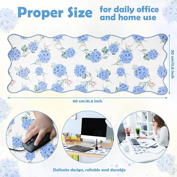 1 Pcs Blue Scalloped Hydrangea Desk Mat 31.5 x 11.8 Inch Large Cute Mouse Pad Computer Mat Non Slip Waterproof Rubber Base with Border Stitching Soft Keyboard Pad for Home Office Gaming Makeup