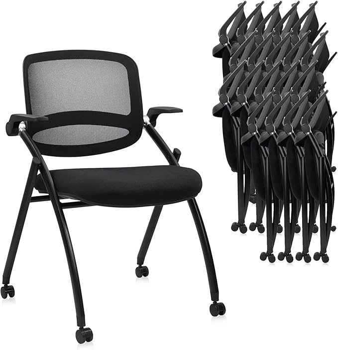 CLATINA Stackable & Foldable Conference Chair with Wheels, Ergonomic Mesh Back, 300lbs Capacity, Breathable Padded Seat, Adjustable Armrests, Office Chair for Reception, Training, Home, Black, 20PK