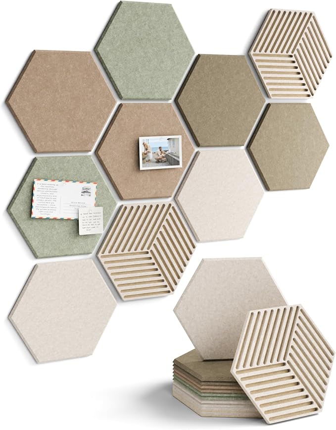 Fluxynara 10-Pack Hexagon Cork Board Alternative, Linen Dusk | Felt Bulletin Board with 50 Adhesive Tabs, Ideal for Vision Boards and Wall Decor in Homes, Offices, Classrooms, and Dorms