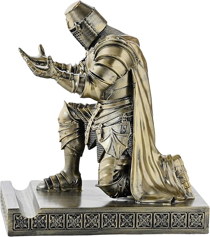 Medieval Templar Vanguard Officer Knight Pen Holder Desk Organizers Bronze | Pencil Stand Paperweight Desktop Decoration Accessories Cell Phone Stand with a Fancy Sword for Medieval Warrior Enthusiast