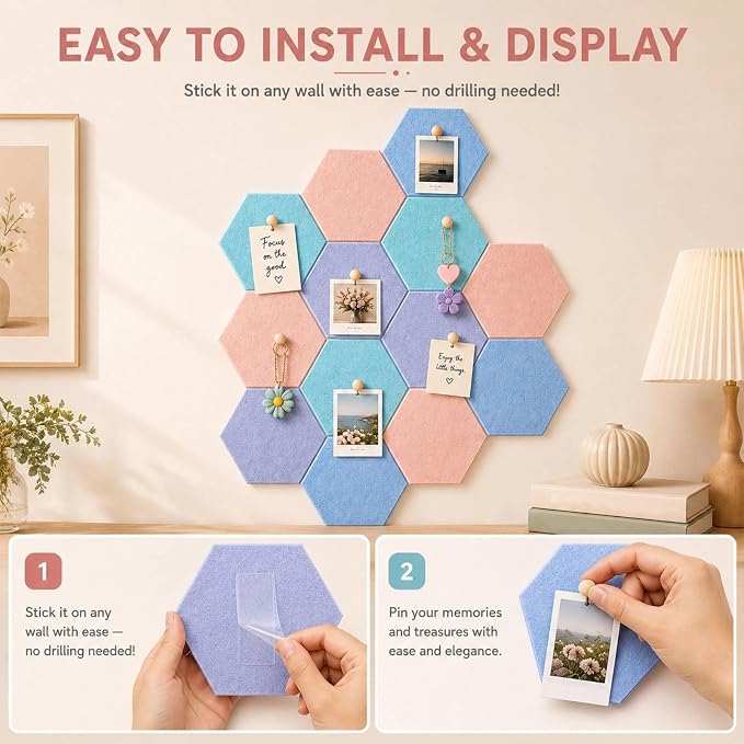 6.7 x 5.9 in 16 Pcs Hexagon Cork Board Tiles with 50 Wooden Push Pins, Cork Boards for Wall, Felt DIY Tiles with Nano Tape, Pin Board for Office Classroom Home Photo Memo Note (Pastel)