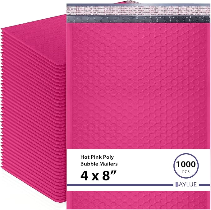 Hot Pink Small Poly Bubble Mailers 4x8 inch #000 | Self Seal Padded Envelopes | Cushioned Bubble Mailer | WaterProof trading card sports card | Lightweight mailing Shipping Bags | 1000 Pack Bulk