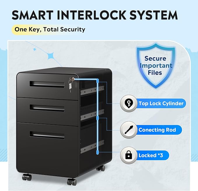 DEVAISE 3 Drawer File Cabinet with Lock, Fully Assembled Except Casters | Thickened Metal Mobile Filing Cabinet, Under Desk File Cabinet for Home Office, fits Letter/Legal Size, Black